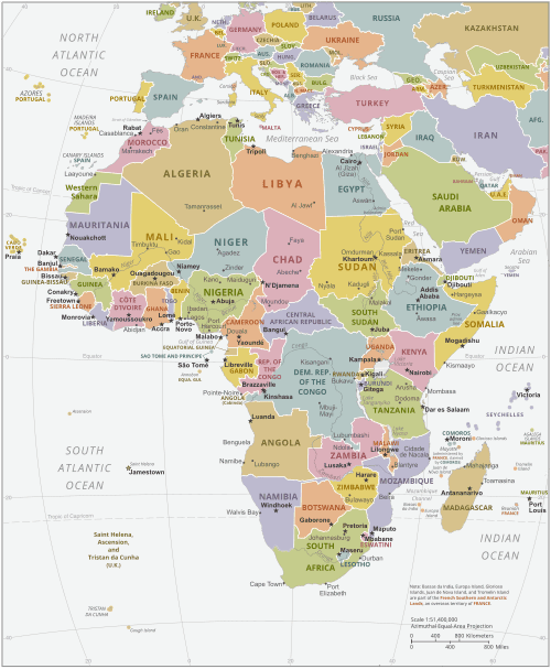 500px-Political_Map_of_Africa.svg_ Polityczna mapa Afryki z zaznaczonymi granicami państw, w tym Angolą w południowo-zachodniej części kontynentu