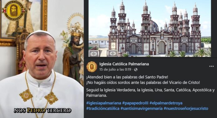 „Papież Piotr III” schizmatyckiego Kościoła palmariańskiego na tle bazyliki w El Palmar de Troya (fot. zrzut ekranu z Facebooka, Iglesia Católica Palmariana)