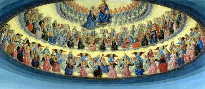 1280px-Coro_di_angeli_-_Francesco_Botticini Złote kręgi aniołów i świętych w niebie; u góry Chrystus na tronie przyjmuje klęczącą Maryję — fragment obrazu Francesca Botticiniego „Wniebowzięcie Maryi”
