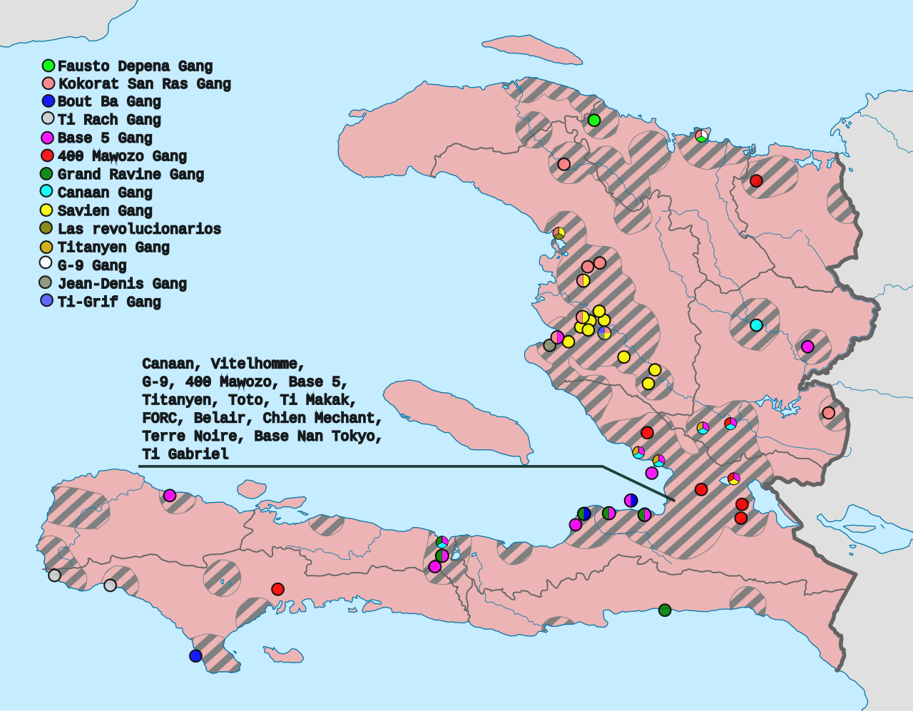 1280px-Gang_war_in_Haiti.svg_ Mapa Haiti przedstawiająca terytoria gangów — kolorowa legenda z nazwami gangów oraz zakreskowane strefy ich aktywności rozsiane po całym kraju.