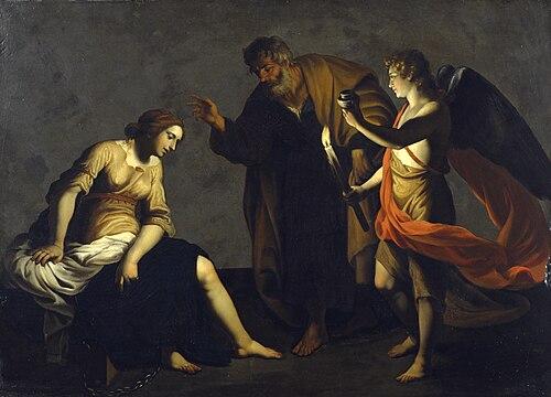 500px-Alessandro_Turchi_-_Saint_Agatha_Attended_by_Saint_Peter_and_an_Angel_in_Prison_-_Walters_37552-1 Barokowy obraz: św. Agata, ranna i zakuta w łańcuchy, siedzi w ciemnym więzieniu, św. Piotr wyciąga nad nią rękę, a anioł w czerwonym płaszczu przynosi światło