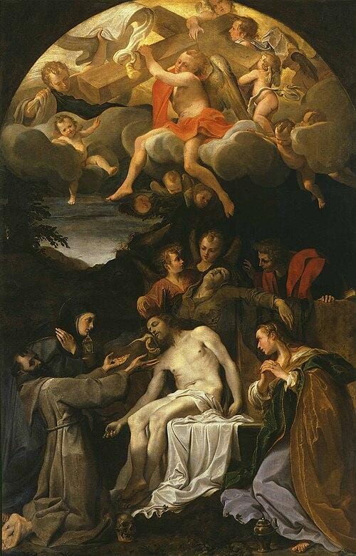 500px-Annibale_carracci_pieta_parma Renesansowy obraz Pietà: martwy Chrystus na łonie Matki Bożej, obok klęczą św. Franciszek, św. Klara i Maria Magdalena, a nad nimi aniołowie