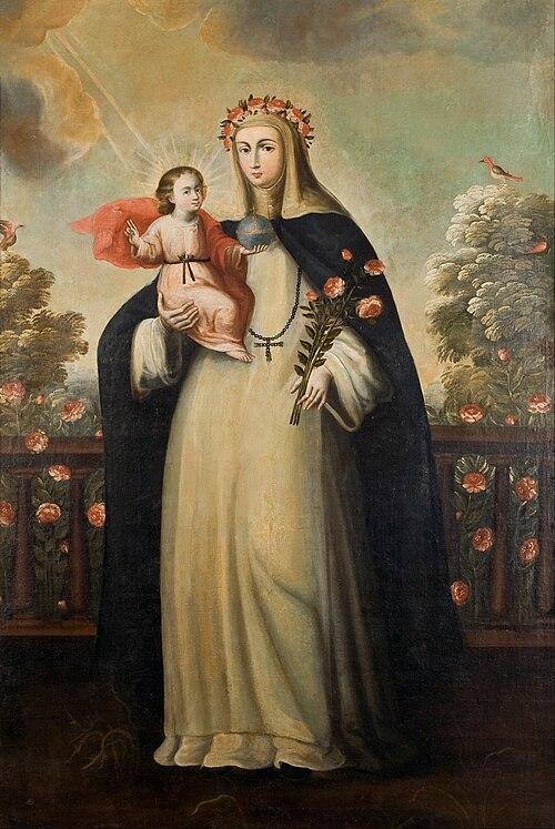 500px-Anonymous_Cusco_School_-_Saint_Rose_of_Lima_with_Child_Jesus_-_Google_Art_Project Obraz św. Róży z Limy w dominikańskim habicie, z wieńcem róż na głowie, trzymającej Dzieciątko Jezus i bukiet róż w ogrodzie