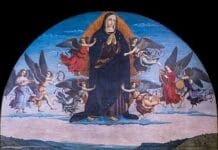 Zaśnięcie Maryi: Ta, która nie zaznała skażenia, wznosi się do nieba Renesansowy obraz: u dołu apostołowie przy marach ze zmarłą Maryją, u góry Maryja w granatowym płaszczu wznosi się do nieba w złotej glorii wśród aniołów
