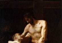 Św. Bernard z Clairvaux, współzałożyciel templariuszy i światło średniowiecza Chrystus w koronie cierniowej odrywa ramię od krzyża i obejmuje św. Bernarda z Clairvaux w białym habicie cysterskim — obraz Francisca Ribalty