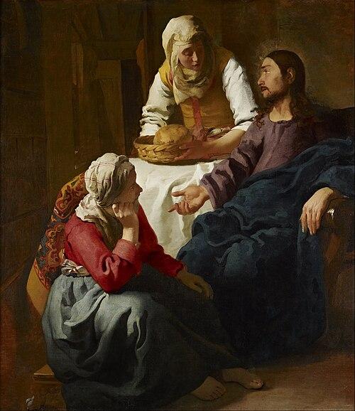 500px-Johannes_Jan_Vermeer_-_Christ_in_the_House_of_Martha_and_Mary_-_Google_Art_Project-1 Obraz Johannesa Vermeera „Chrystus w domu Marty i Marii”: Marta stoi z koszem chleba, a Maria siedzi u stóp Chrystusa i słucha Jego słów