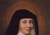 Św. Joanna Franciszka de Chantal: matka i wdowa prowadzona przez dwóch świętych Portret św. Joanny Franciszki de Chantal w czarnym habicie i welonie wizytki, z białym kornetem, krzyżem z monogramem IHS i sercem oraz złotą aureolą