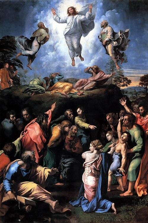 500px-Transfiguration_Raphael Obraz Rafaela „Przemienienie Pańskie”: Chrystus jaśnieje w białych szatach nad górą Tabor między Mojżeszem a Eliaszem, a apostołowie osłaniają twarze