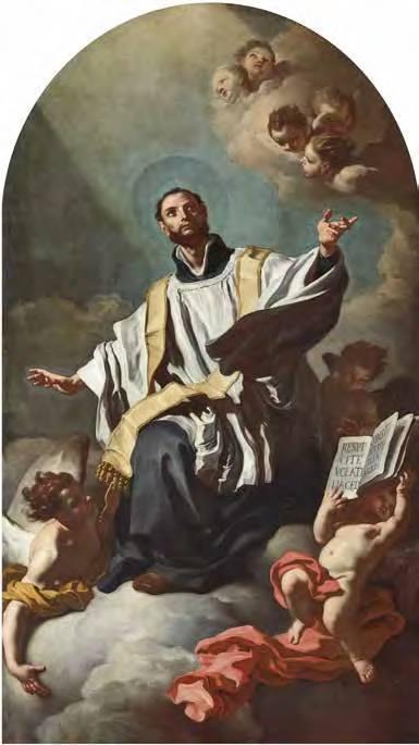 Francesco_Solimena_-_Estasi_di_San_Gaetano_da_Thiene Barokowy obraz św. Kajetana z Thieny w ekstazie: kapłan z aureolą, w białej komży i złotej stule, z rozłożonymi rękami wznosi wzrok ku niebu wśród aniołków.
