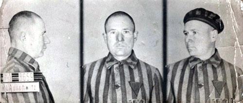 Franciszek_Gajowniczek Obozowe zdjęcia rejestracyjne z Auschwitz przedstawiające więźnia nr 5659 Franciszka Gajowniczka w pasiaku, w ujęciu z profilu, en face i w czapce