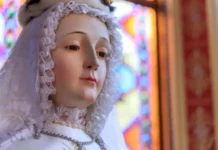 Maryja Królowa – Bóg powierzył Jej rządy nad duszami przez łaskę Zbliżenie twarzy figury Matki Bożej w białym koronkowym welonie i perłowym naszyjniku, na tle kolorowego witraża we wnętrzu kościoła.