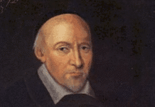 Św. Jan Eudes: pamiętne myśli i krótki portret historyczny Św. Jan Eudes na portrecie z 1673 r. – kapłan w czarnej sutannie trzyma gorejące Serce Jezusa i Maryi z krzyżem oraz księgę z krucyfiksem.