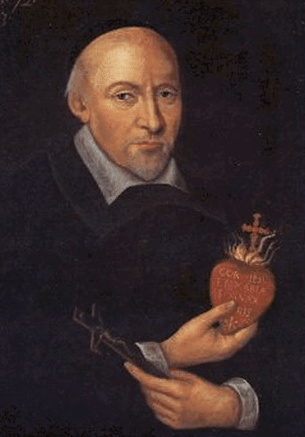 JeanEudes Św. Jan Eudes na portrecie z 1673 r. – kapłan w czarnej sutannie trzyma gorejące Serce Jezusa i Maryi z krzyżem oraz księgę z krucyfiksem.