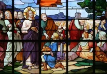 Rozmnożenie chleba: Bóg nie opuszcza tych, którzy idą za Nim z entuzjazmem Witraż z cudem rozmnożenia chleba: Jezus błogosławi, klęczący chłopiec podaje bochenki chleba i ryby, obok apostołowie i siedzący tłum.