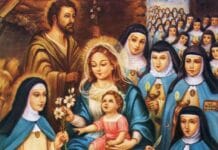 Święta Beatrycze da Silva, założycielka, którą zazdrosna królowa niemal zamordowała Matka Boża z Dzieciątkiem wśród koncepcjonistek w białych habitach i niebieskich płaszczach; klęcząca św. Beatrycze da Silva trzyma lilie i zwój bulli z 1489 r.