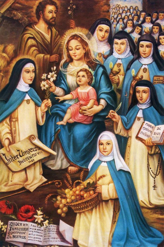 Santa_Beatriz_da_Silva_e_as_Veneraveis_Concepcionistas Matka Boża z Dzieciątkiem wśród koncepcjonistek w białych habitach i niebieskich płaszczach; klęcząca św. Beatrycze da Silva trzyma lilie i zwój bulli z 1489 r.