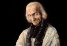 Święty Proboszcz z Ars: z ludzkiej słabości Bóg ukształtował wzór kapłana Malowany portret świętego Jana Marii Vianneya, Proboszcza z Ars, w białej komży na ciemnym tle