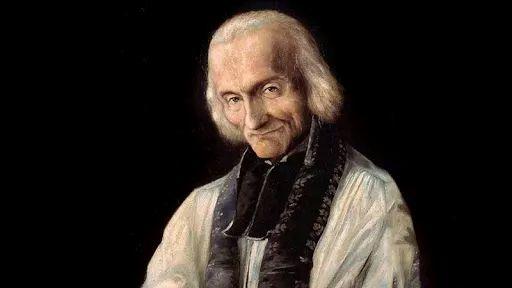 Santo-Cura-de-Ars Malowany portret świętego Jana Marii Vianneya, Proboszcza z Ars, w białej komży na ciemnym tle
