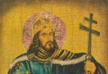 Św. Stefan Węgierski: król, który zorganizował naród i umocnił wiarę Dawny malowany wizerunek św. Stefana I Węgierskiego z nimbem i koroną, trzymającego podwójny krzyż patriarchalny oraz złote jabłko królewskie, na złotym tle