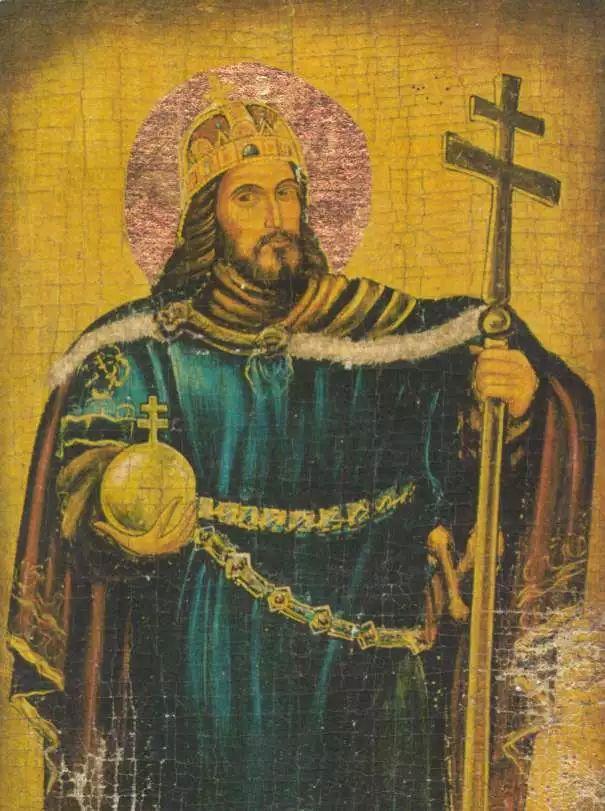 StefanIHongarije Dawny malowany wizerunek św. Stefana I Węgierskiego z nimbem i koroną, trzymającego podwójny krzyż patriarchalny oraz złote jabłko królewskie, na złotym tle