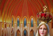 Fatima: wielka obietnica Serca Maryi dla tych, którzy zachowują pierwsze soboty miesiąca Figura Matki Bożej Fatimskiej w koronie, z różańcem i Niepokalanym Sercem w cierniach, na tle wnętrza neogotyckiego kościoła podczas Mszy świętej