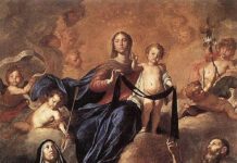 Gwiazda Chile: nowy hymn maryjny zabrzmi podczas narodowego Te Deum w Chile Matka Boża z Góry Karmel wręcza szkaplerz świętym karmelitańskim w otoczeniu aniołów i Dzieciątka Jezus – obraz Pietra Novellego.