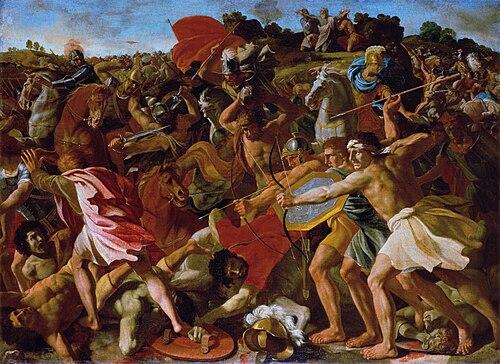 500px-Poussin_Nicolas_-_The_Victory_of_Joshua_over_the_Amalekites_copy Obraz Nicolasa Poussina: bitwa Izraelitów z Amalekitami, w prawym górnym rogu Mojżesz z uniesionymi rękami wsparty przez Aarona i Chura.