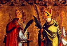 Święci Korneliusz i Cyprian: papież i biskup, bracia w męczeństwie za wiarę Obraz na złotym tle: papież Korneliusz w tiarze z mieczem oraz biskup Cyprian w mitrze z pastorałem, obaj trzymają palmę męczeństwa