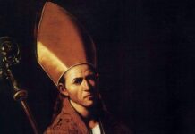 Cud krwi św. Januarego: krew biskupa Benewentu wciąż chroni Neapol Dawny obraz przedstawiający św. Januarego jako biskupa w infule, z pastorałem, symbolizujący jego męczeństwo i relikwię krwi w Neapolu.