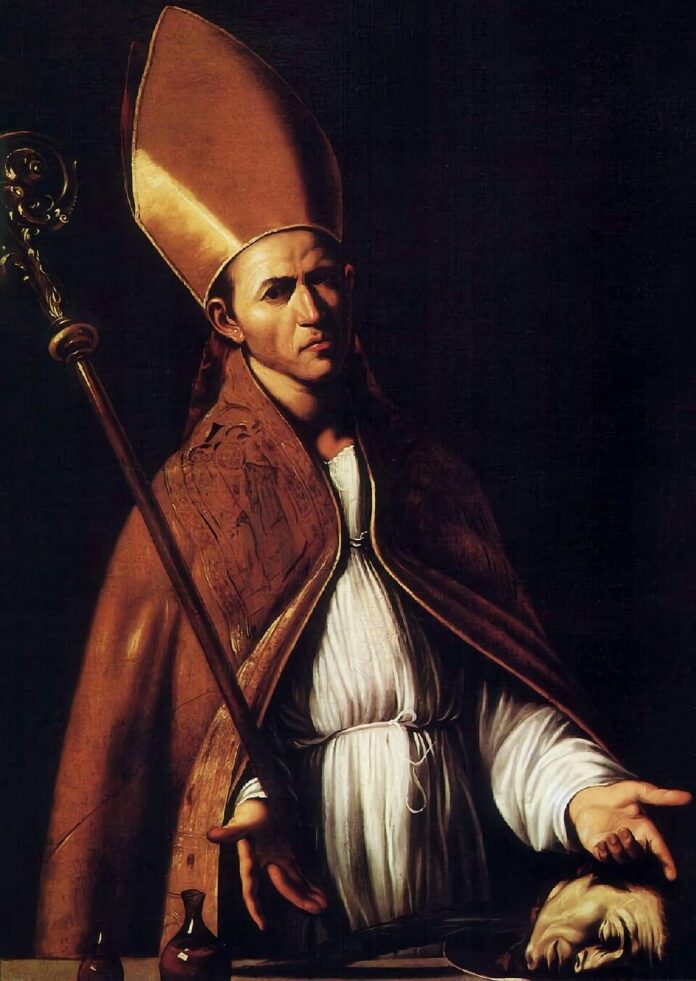 Saint_Januarius Dawny obraz przedstawiający św. Januarego jako biskupa w infule, z pastorałem, symbolizujący jego męczeństwo i relikwię krwi w Neapolu.