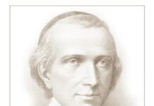 Salomon Leclercq, pierwszy beatyfikowany lasalianin, stanął wobec Rewolucji Francuskiej Grafika dewocyjna: sepiowy portret brata Salomona Leclercqa w stroju lasaliańskim, ze złotym podpisem i napisem „Brother Solomon Le Clercq 1745-1792”.