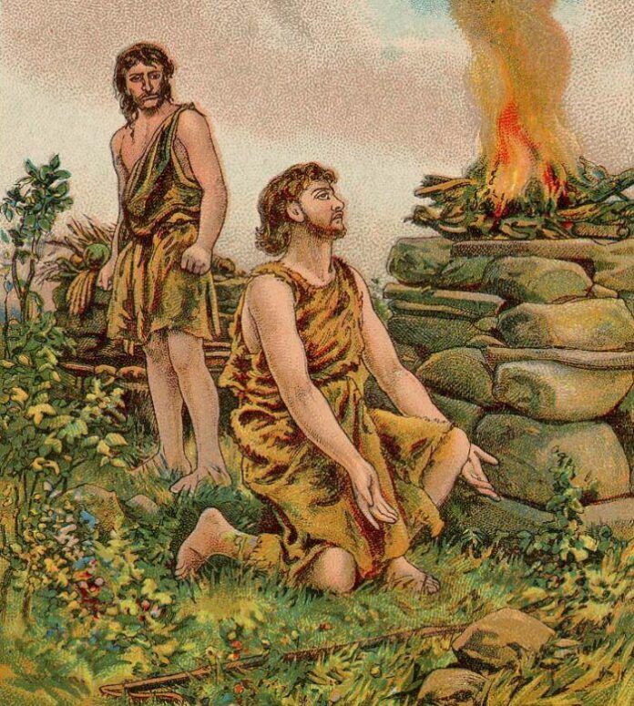 The_Story_of_Cain_and_Abel_Bible_Card-700x779-1 Dawna karta biblijna: Abel klęczy przy kamiennym ołtarzu, z którego wznosi się ogień i dym, a za nim stoi ponury Kain ze swoim darem z plonów ziemi.