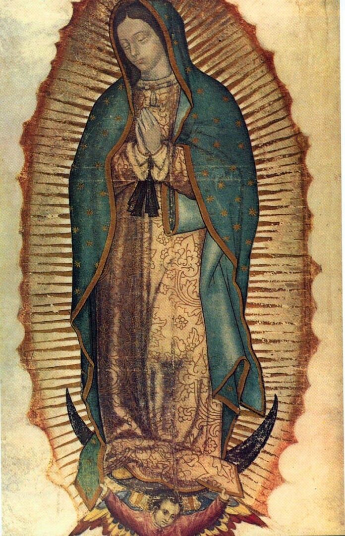 Virgen_de_guadalupe1 Reprodukcja wizerunku Matki Bożej z Guadalupe z tilmy: Maryja ze złożonymi rękami, w turkusowym płaszczu w złote gwiazdy, na półksiężycu wśród promieni