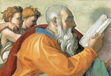 Św. Zachariasz, światło Starego Testamentu, zapowiada dwa przyjścia Chrystusa Fresk Michała Anioła: prorok Zachariasz, łysy starzec z siwą brodą, w złocistej szacie i czerwonym płaszczu, czyta księgę; za nim dwaj młodzieńcy.