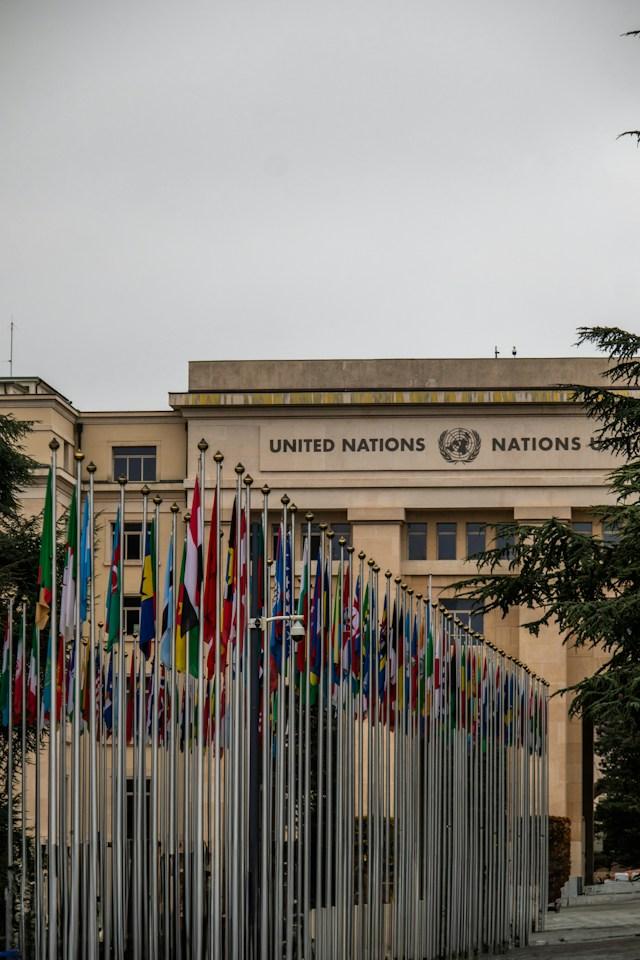 jimmy-hu-A0ZUINAy0ys-unsplash Siedziba Organizacji Narodów Zjednoczonych z flagami państw członkowskich przed budynkiem