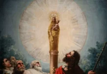 Matka Boża z Pilar: pierwsza wizyta pocieszenia Maryi, gdy jeszcze żyła na ziemi Obraz: Maryja z Dzieciątkiem na kolumnie w kręgu światła; pod nią brodaty mężczyzna w czerwonym płaszczu z laską i starcy wpatrzeni w górę