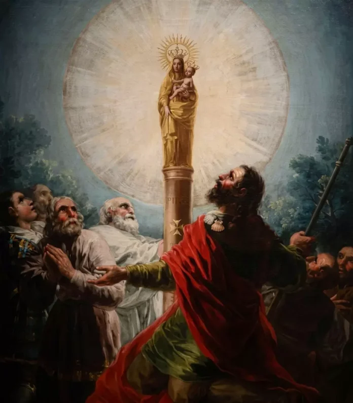 1-5 Obraz: Maryja z Dzieciątkiem na kolumnie w kręgu światła; pod nią brodaty mężczyzna w czerwonym płaszczu z laską i starcy wpatrzeni w górę