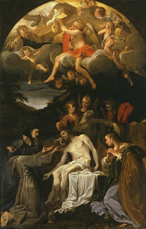 500px-Annibale_carracci_pieta_parma Obraz: martwy Chrystus na kolanach omdlałej Maryi, obok św. Franciszek, św. Klara i Maria Magdalena, w górze aniołowie niosący krzyż
