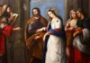 Męka Józefa: kiedy opiekun poczuł się mały wobec tajemnicy Obraz przedstawiający zaślubiny Maryi i Józefa: kapłan z księgą podaje pierścień, Józef z kwitnącą laską ujmuje dłoń Maryi w wianku i aureoli