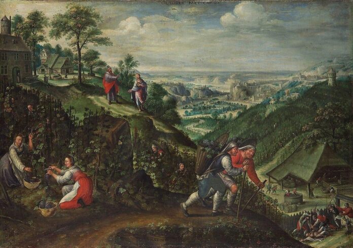 Marten_van_Valckenborch_-_Parable_of_the_wicked_husbandmen_October Marten van Valckenborch, Przypowieść o złych rolnikach — obraz z cyklu Miesiące, październik (domena publiczna, KHM Wiedeń)