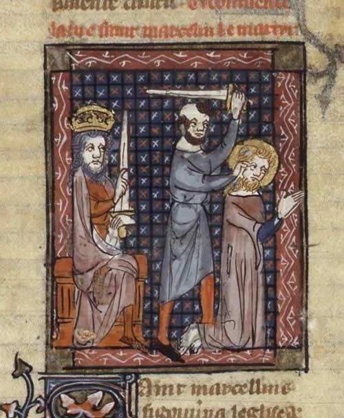 Martyrdom_of_pope_Marcellinus Średniowieczna miniatura: koronowany władca z mieczem na tronie, kat unosi miecz nad klęczącym świętym z aureolą i złożonymi dłońmi