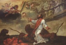 Siedem listów, dziesięć „lampartów”, serce z napisem: epopeja św. Ignacego Antiocheńskiego Obraz: św. Ignacy Antiocheński w białej szacie i czerwonej stule wśród lwów na arenie, nad nim aniołowie z palmą męczeństwa i widzowie na trybunach