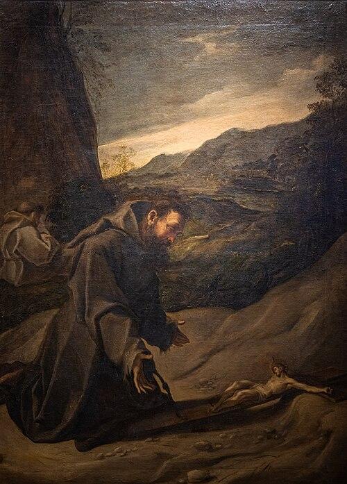Saint_Francis_Adoring_the_Crucifix_by_Ludovico_Carracci_15551619 Święty Franciszek z Asyżu adorujący krucyfiks, obraz Ludovico Carracciego (1555-1619)